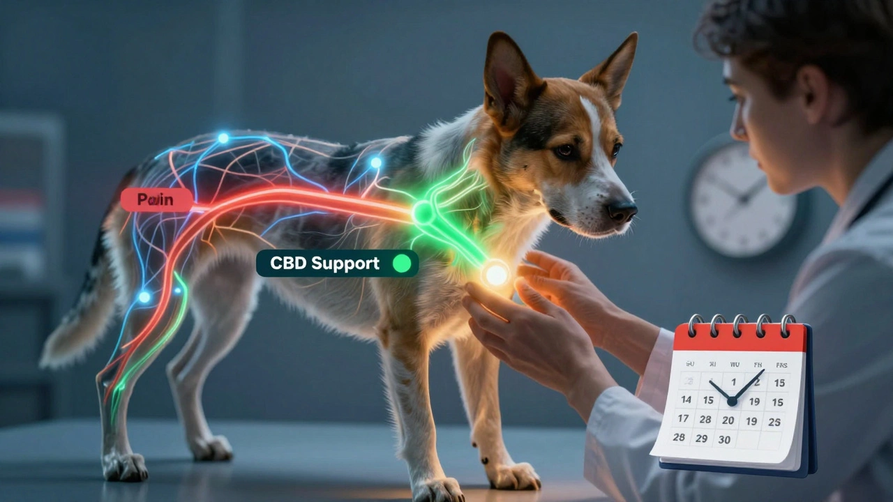 Schematický obraz nervového systému psa s označenými příčinami úzkosti a podpory CBD.