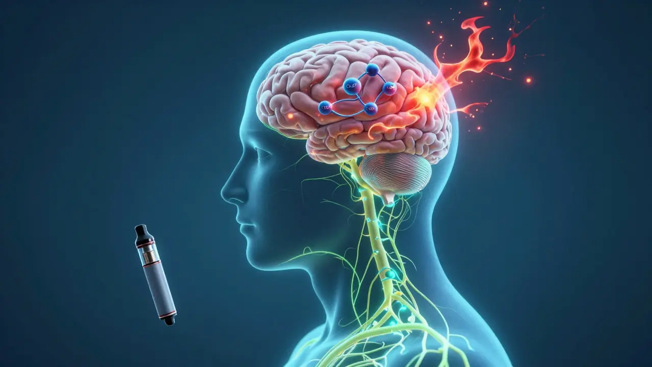 Symbolický obrázek nervového systému s CBD molekulami uklidňujícími stresové signály.