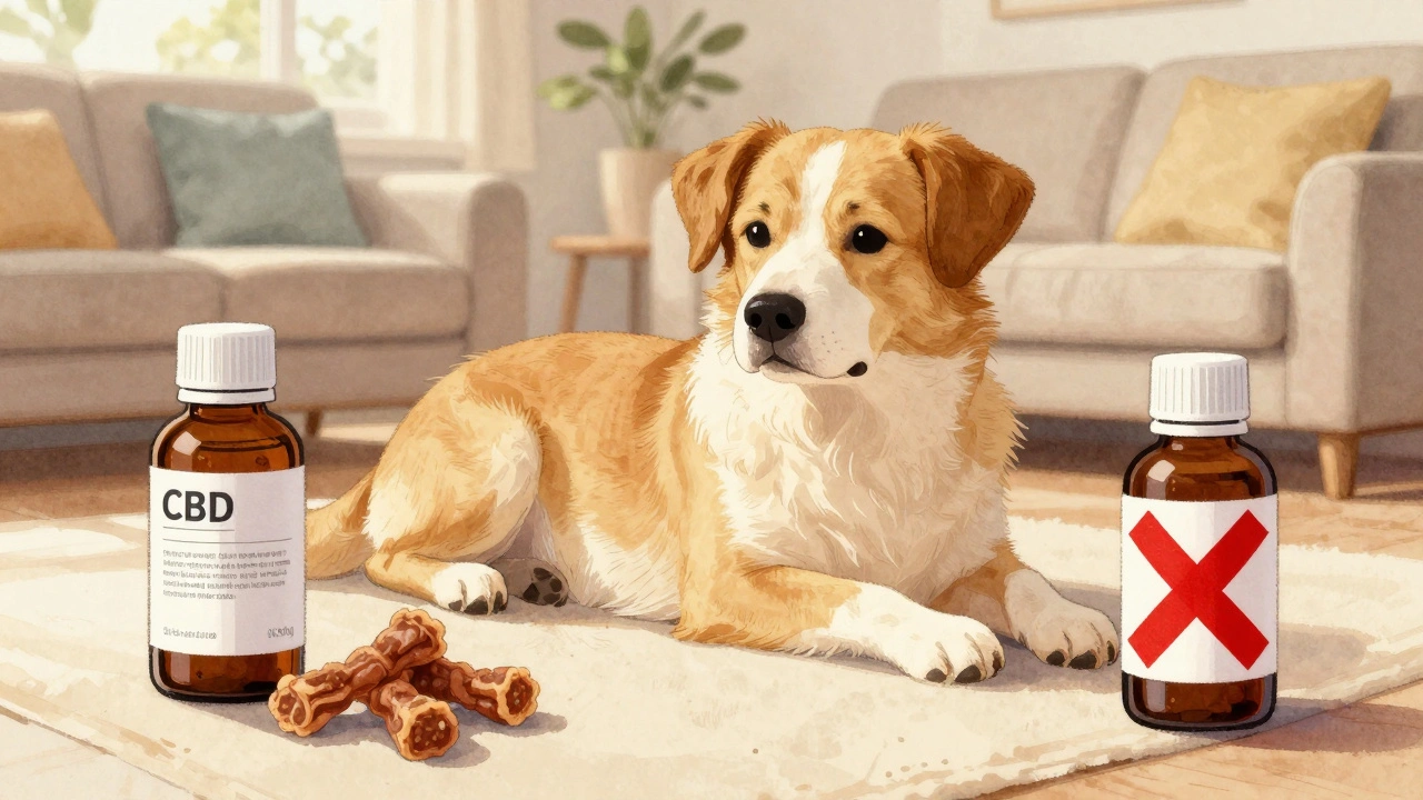 Tři produkty CBD vedle sebe — kvalitní, nekvalitní a potravina — s klidným psem v pozadí.