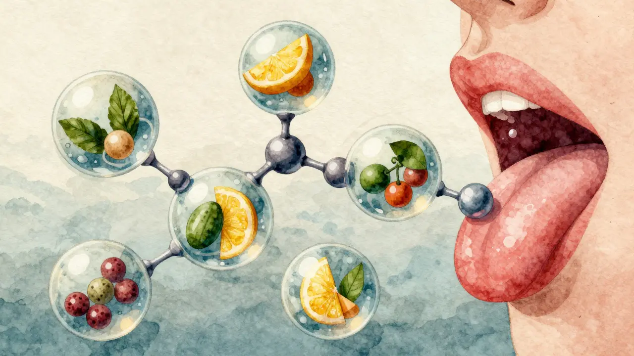 Umělecká ilustrace molekulárních interakcí: tukové kuličky obalující terpeny, vitamin C a ionty zinku jako molekulární mosty.