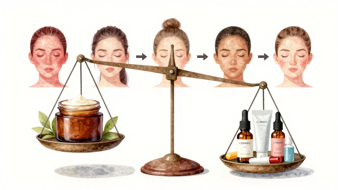 Váha s CBD krémem na jedné straně a chemickými léky na druhé, symbolizující přírodní alternativu.