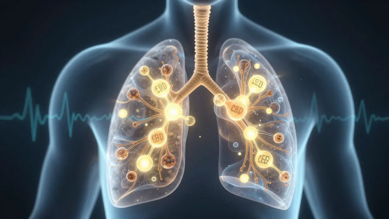 Vnitřní pohled do plic s CBD molekulami vstupujícími do krevního oběhu.