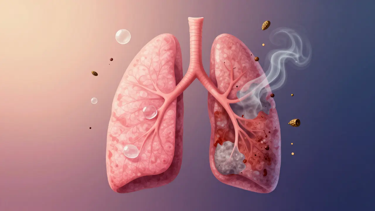 Zdravé a iritované plicní tkáně s částicemi nečistot a vodou jako protipól.