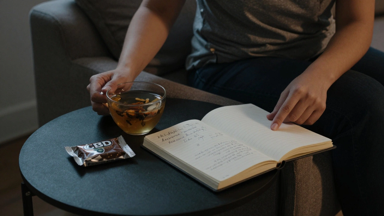 Žena si odpočívá večer s CBD čokoládou a deníkem s pozorováními.
