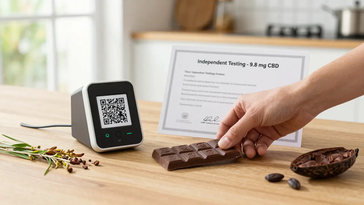 Certifikovaná CBD čokoláda s laboratorním potvrzením na čisté ploše.