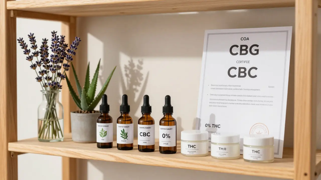 Česká lékárnická police s čistými CBG produkty a certifikátem COA s 0 % THC.