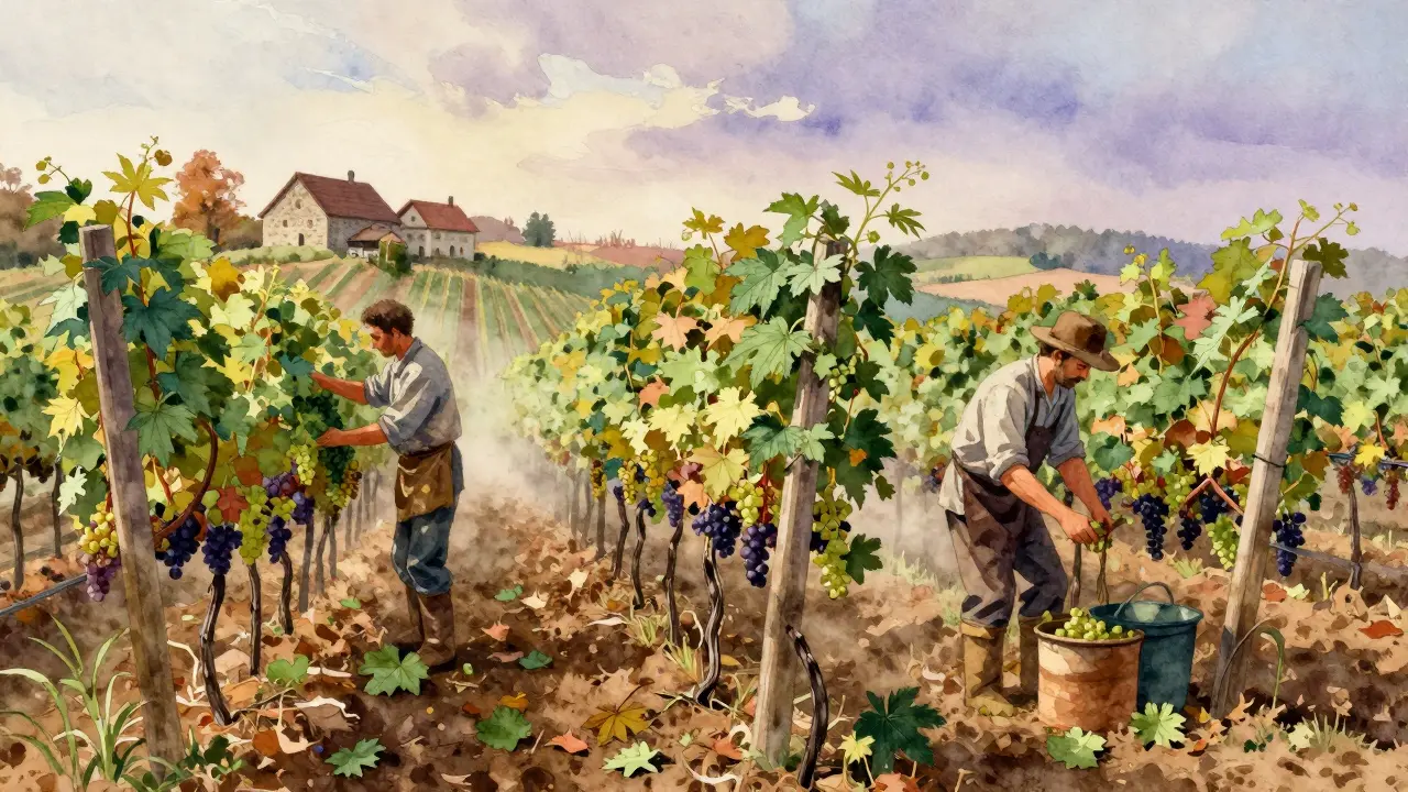 Česká vinice, kde rostou hrozny a konopí spolu pod listnatým nebem.