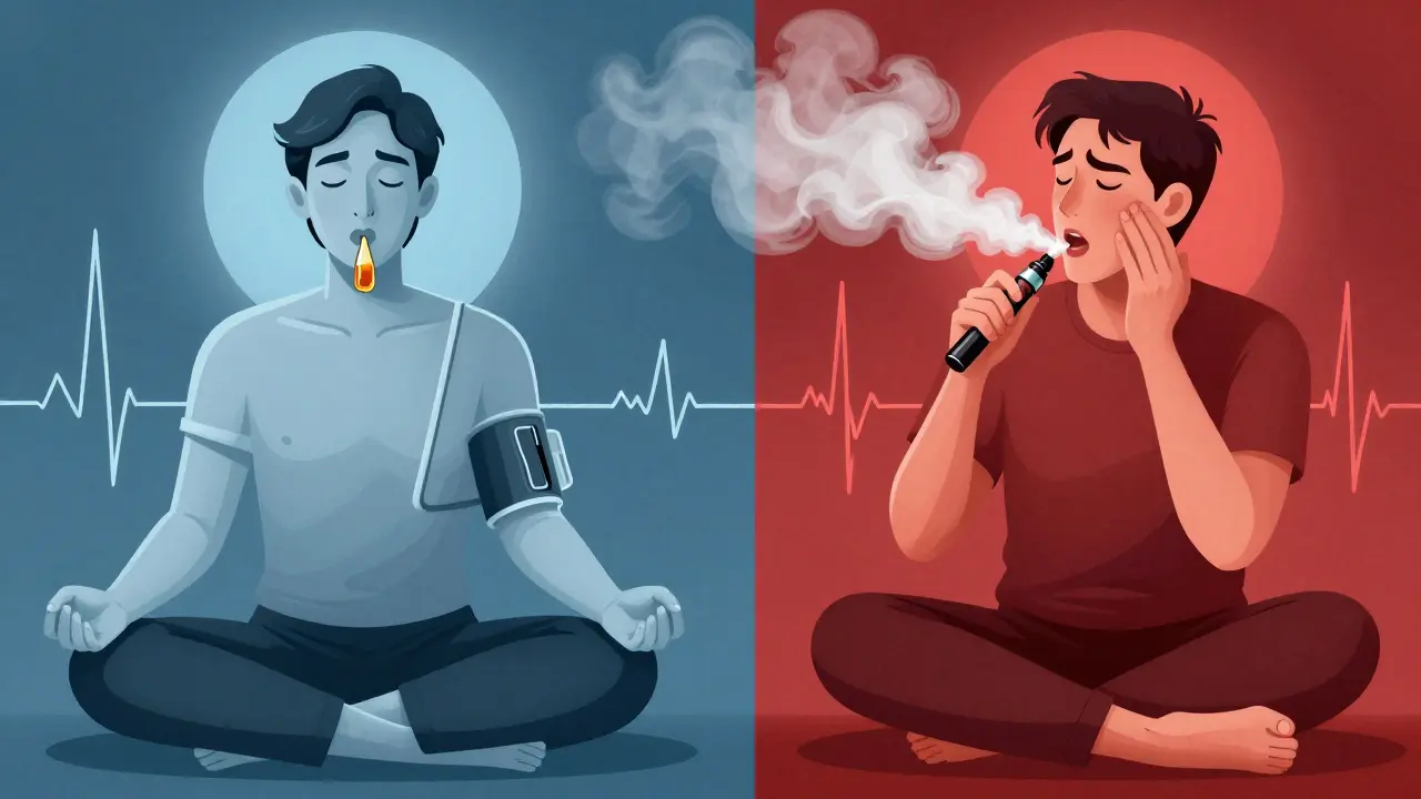 Dva lidé: jeden klidný s CBD olejem, druhý nervózní s dabováním, grafy krevního tlaku se liší.