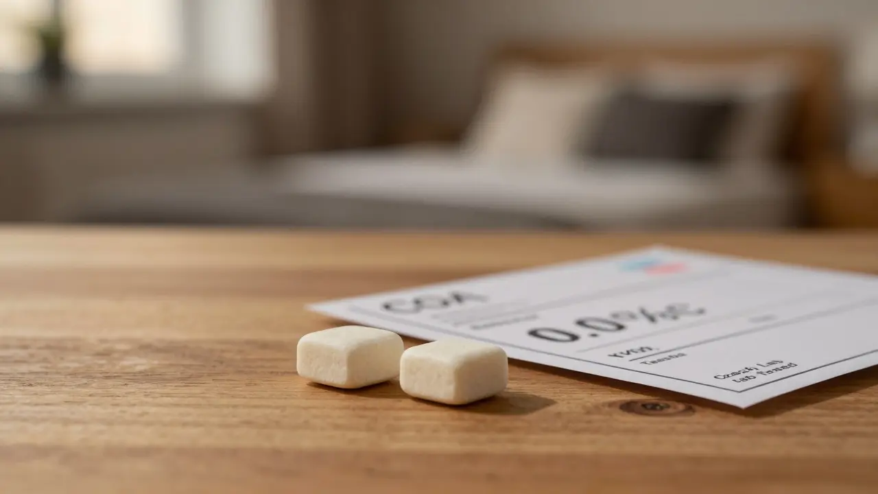 Dvě konopné žvýkačky vedle certifikátu o analýze s nulovým THC.