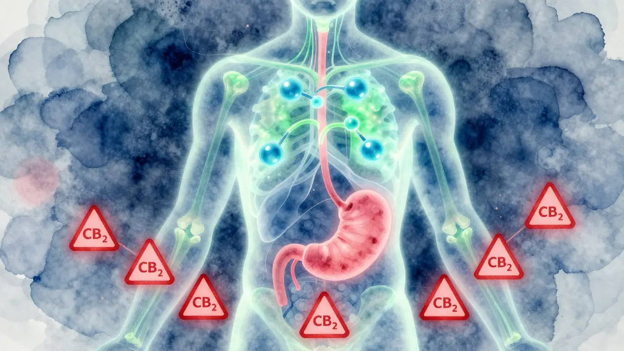 Grafické znázornění endokanabinoidního systému s CBD molekulami uklidňujícími záněty v kloubech.