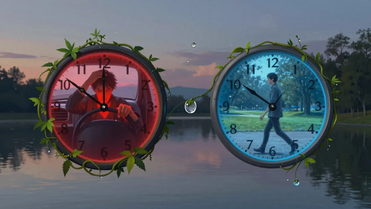 Hodiny z rostlinných větví nad jezerem, odraz dvou scén: řízení a klidná procházka, večerní světlo.