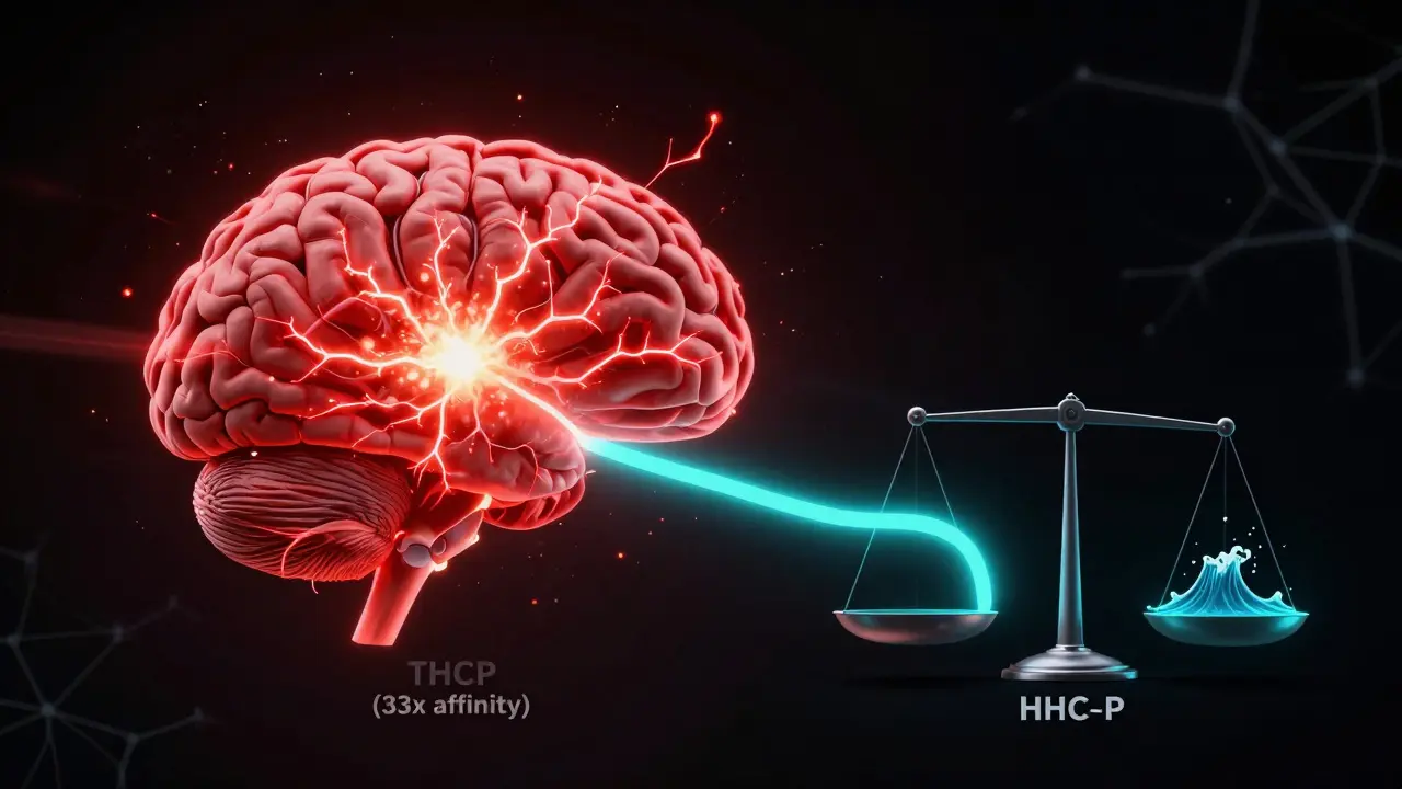 Koncepční obrázek mozku s dvěma cestami: jedna výbušná červená, druhá klidná modrá značená THCP a HHC-P
