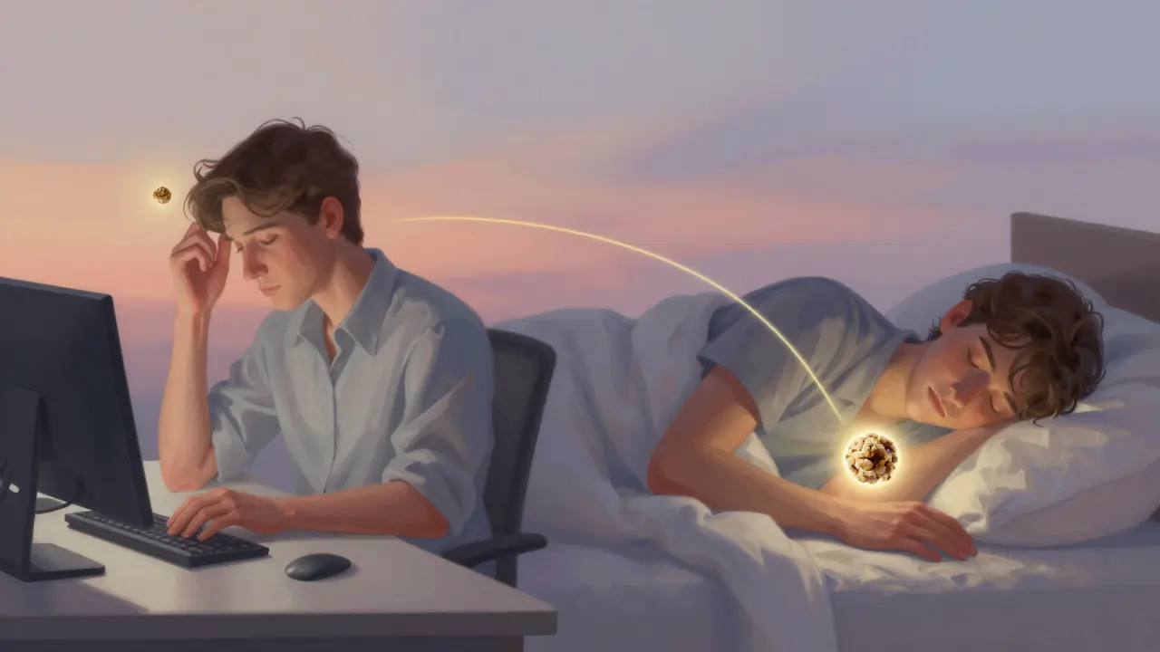 Konceptuální obrázek s dvojí scénou: CBD pomáhá klidu během dne a spánku v noci.