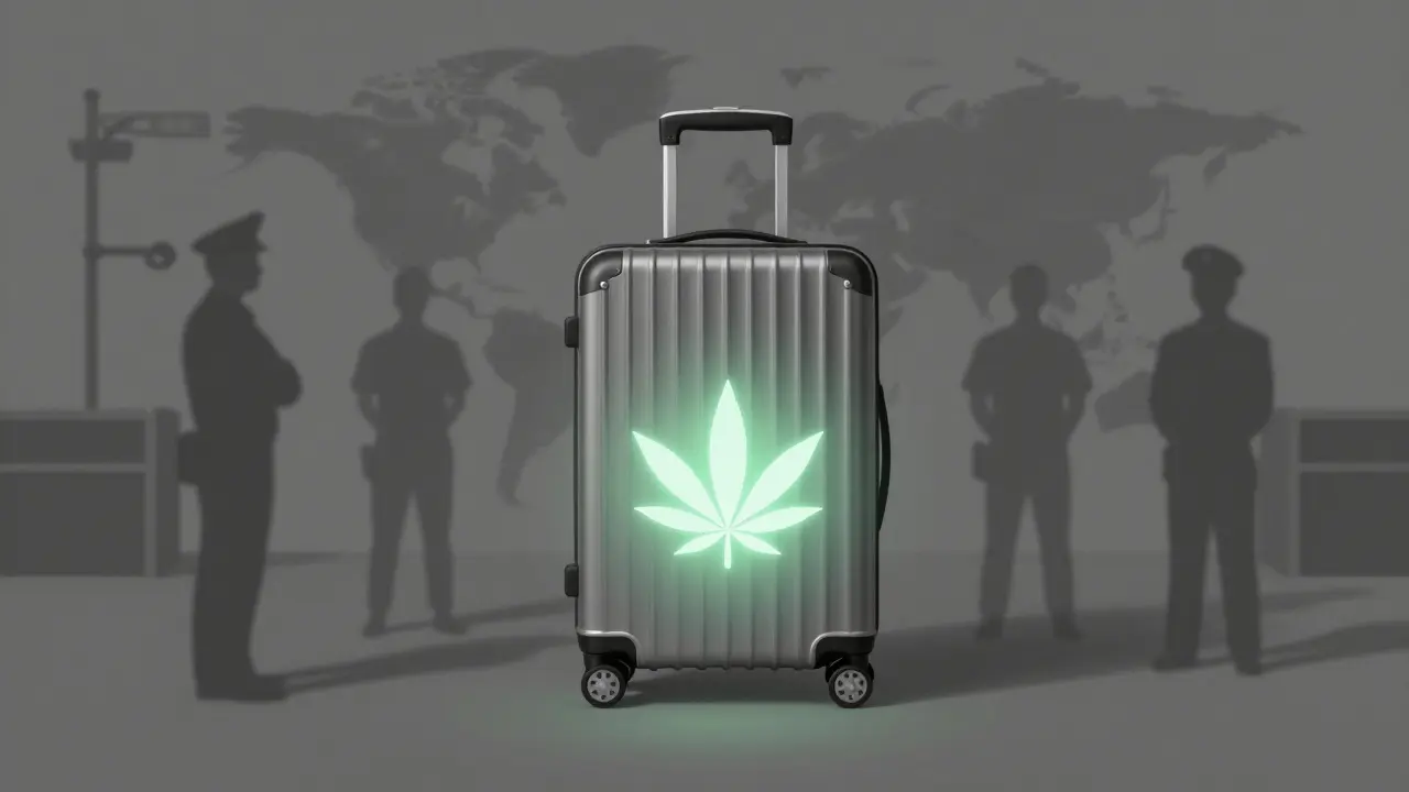 Kufřík s CBD výrobkem v prostředí mezinárodních hranic a kontroly.