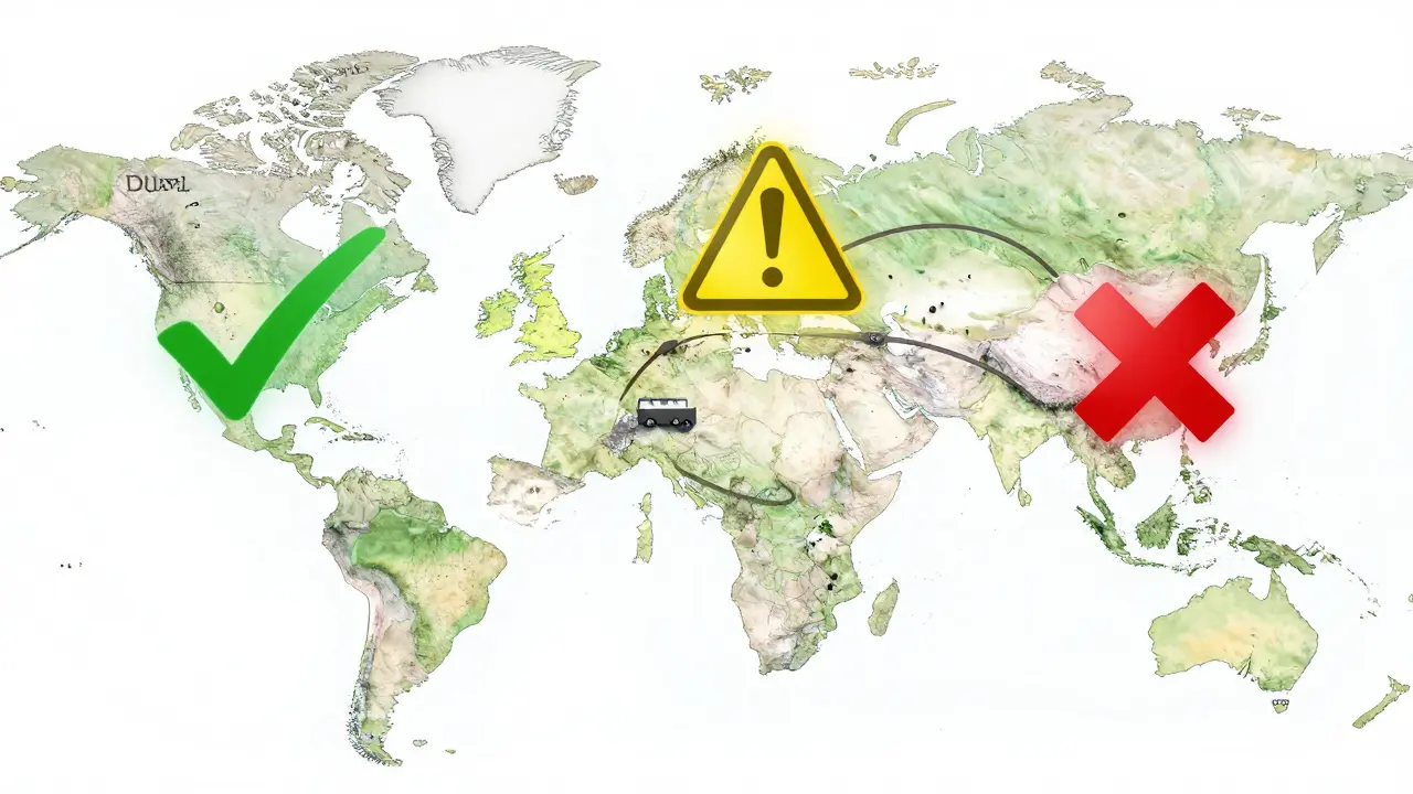 Mapa světa s legálními zónami CBD pro cestování letadlem.