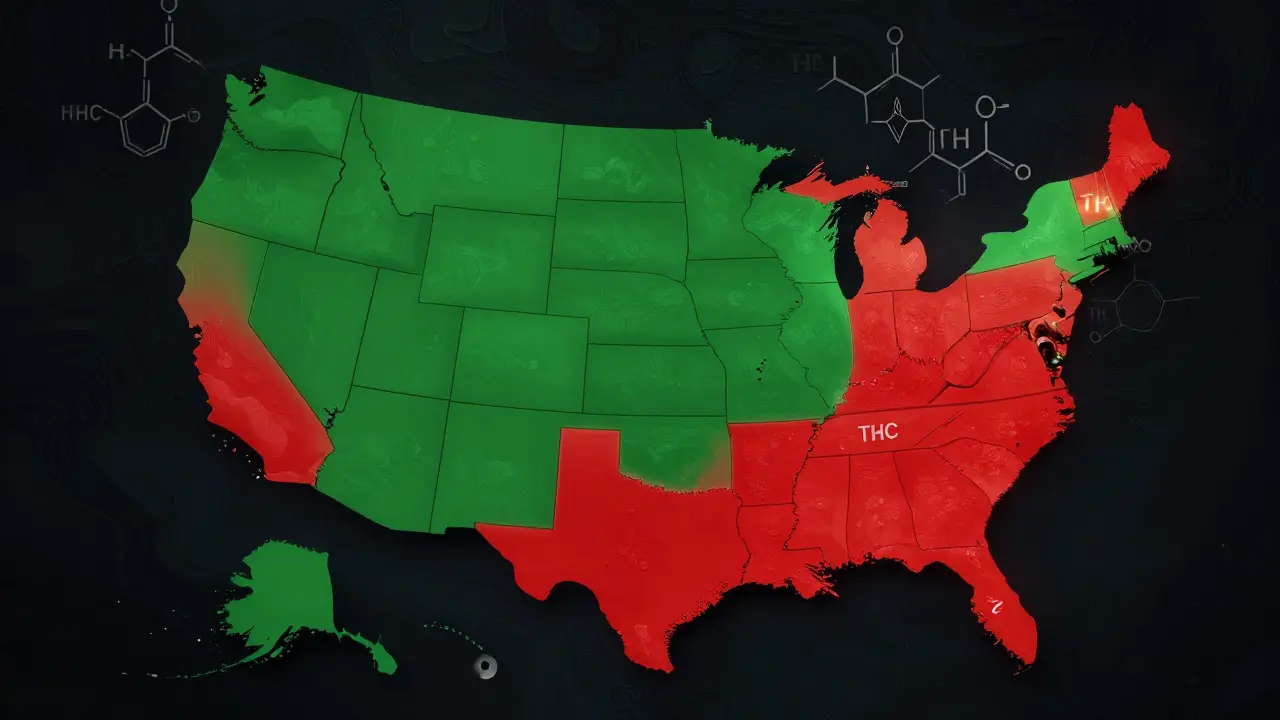 Mapa USA s červenými a zelenými oblastmi označujícími legální a zakázané státy pro HHC.