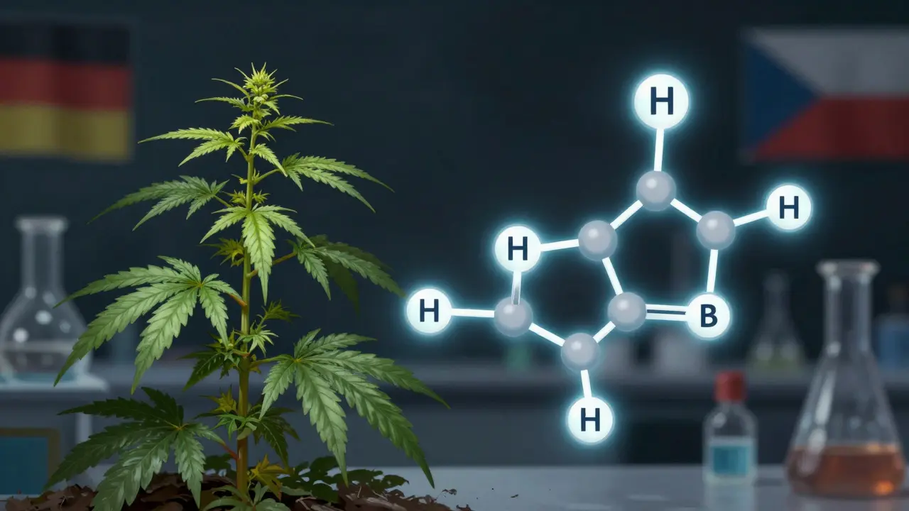 Molekulární struktura H4CBD se tvaruje vedle konopné rostliny v laboratorním prostředí.