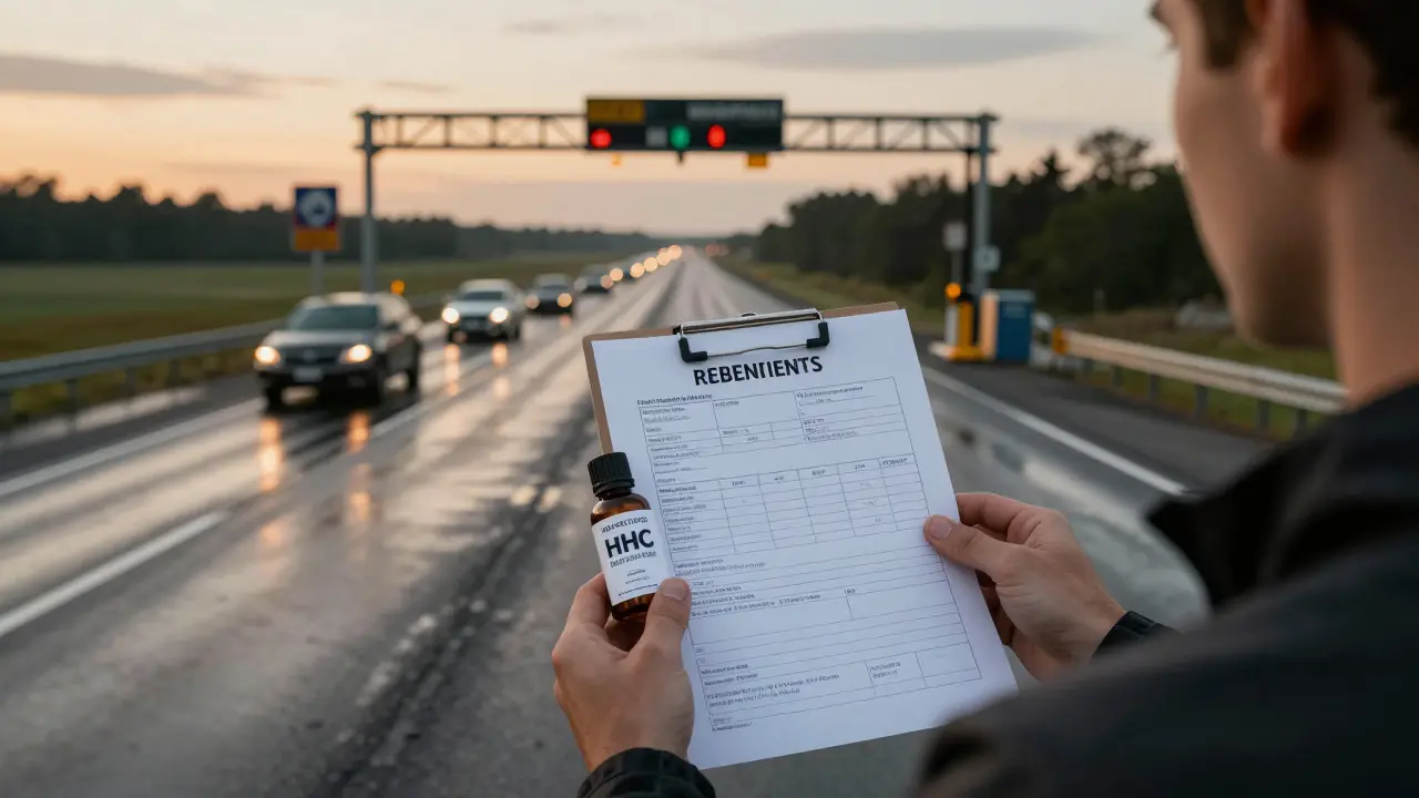 Osoba na hranici států drží produkt HHC a laboratorní výsledek při západu slunce.