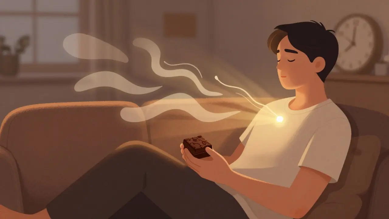 Osoba sedí v klidu večer, kolem ní se vznášejí symboly klidu a pomalého účinku CBD.