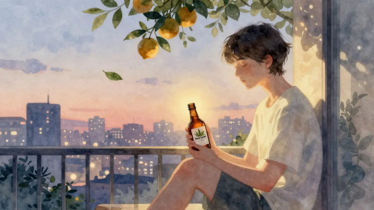 Osoba sedící na balkoně večer s nápojem Deep Space, cítící klid v záři západu slunce.