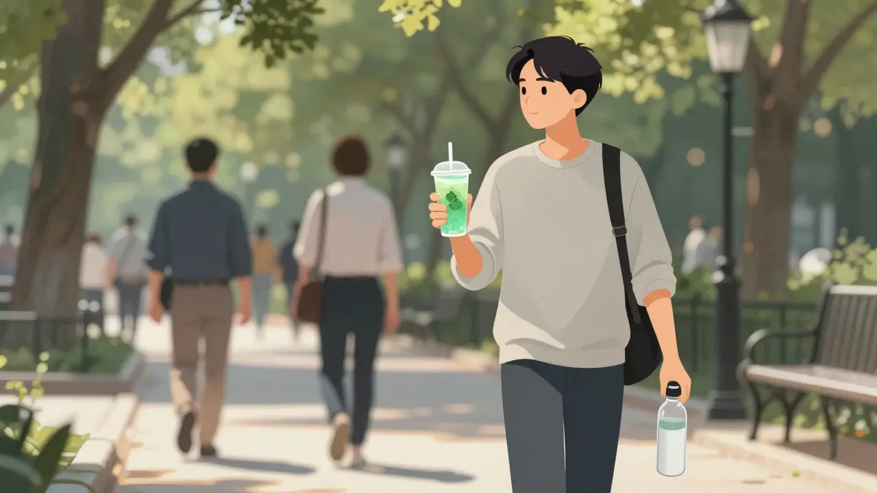 Osoba si pije CBD nápoj při procházce v parku, zatímco kolem ní běží lidé.