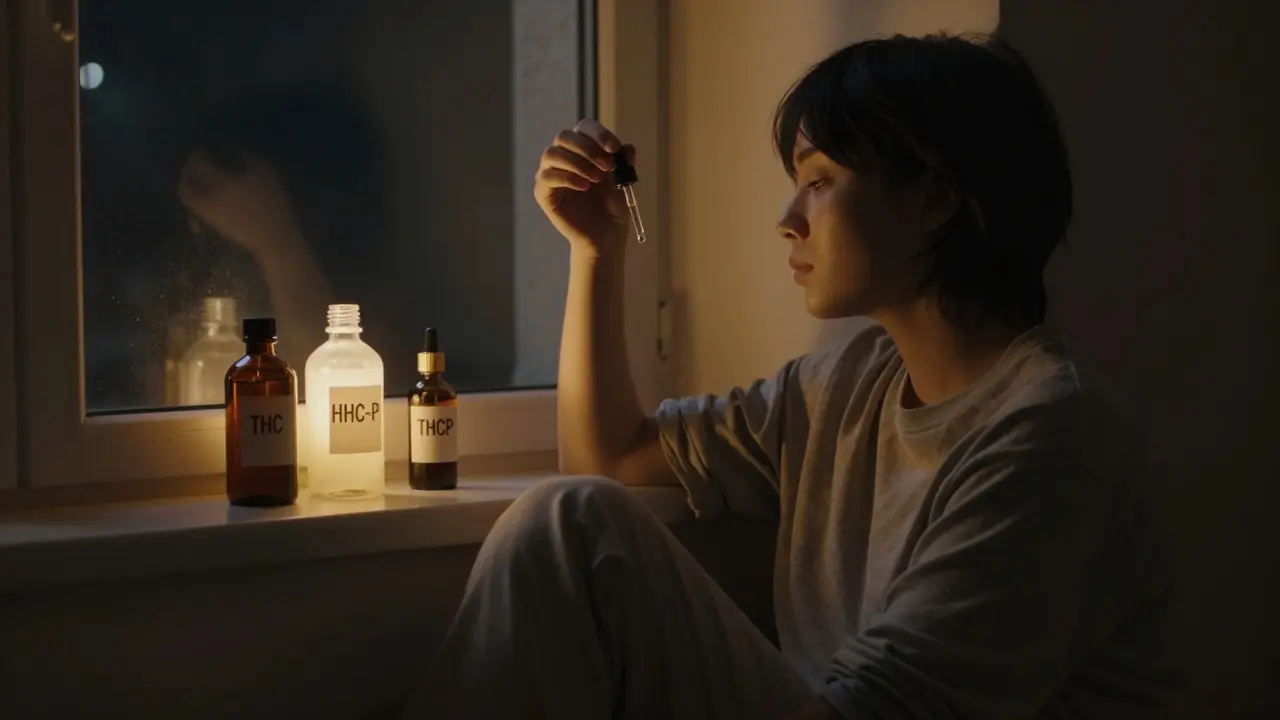 Postava drží malou kapku kapaliny u okna v noci, za ní tři láhve s různými kanabinoidy