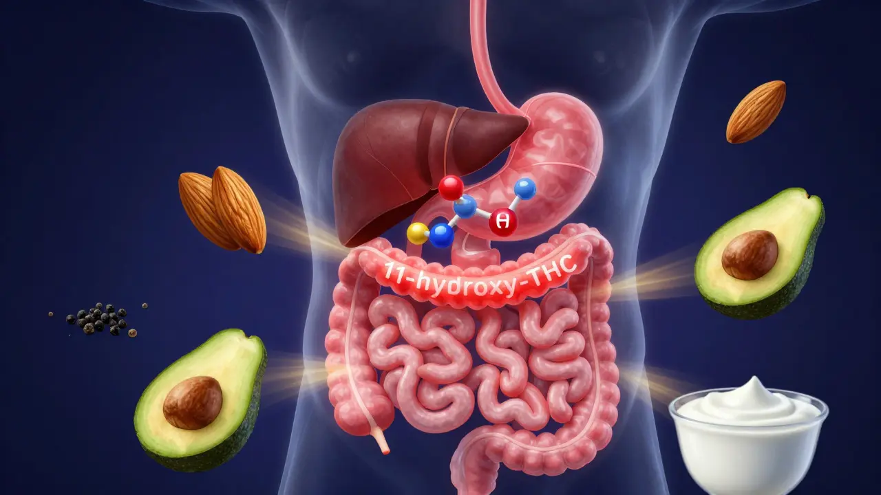 Průhledný náčrt trávicího systému s THC přeměňujícím se v játrech, doprovázený potravinami, které zvyšují jeho účinek.