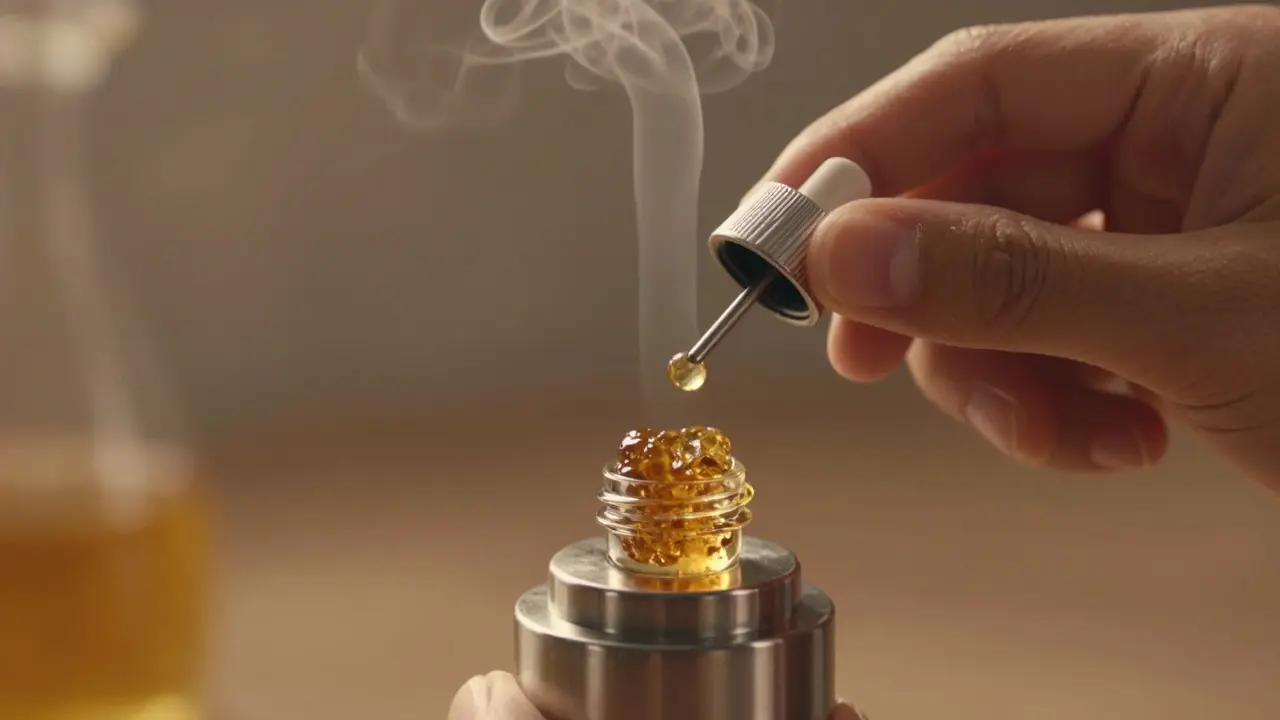 Ruka přikládá CBD shatter na chladnou nátrubku s krytkou nad ní.