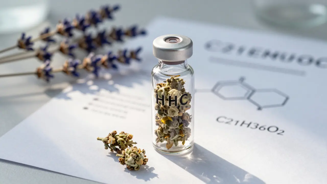 Skleněná nádoba s květy HHC na laboratorním stole s přírodními prvky.