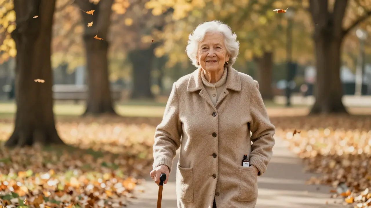 Starší žena kráčí v parku s opěrkou, zřetelně vycítí obnovu pohyblivosti a klidu.