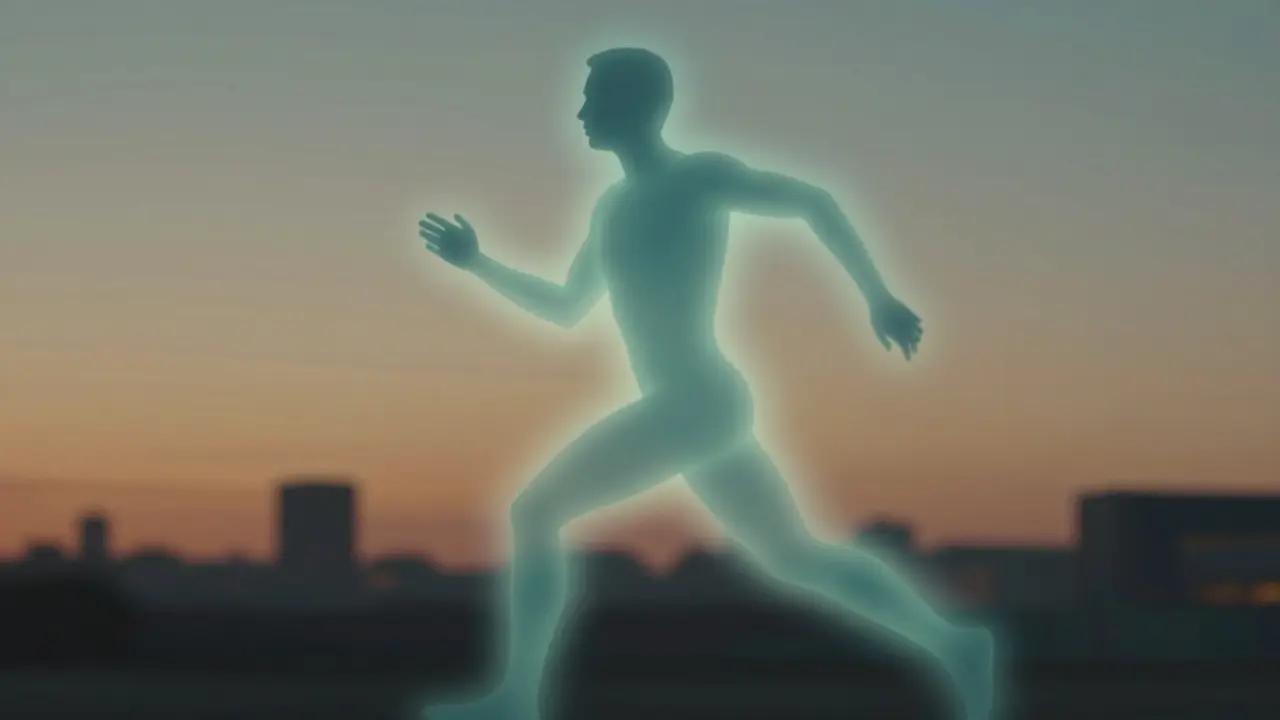 Stín postavy s jemným zářením, symbolizující vyrovnaný účinek kofeinu a CBD, ve městském prostředí.