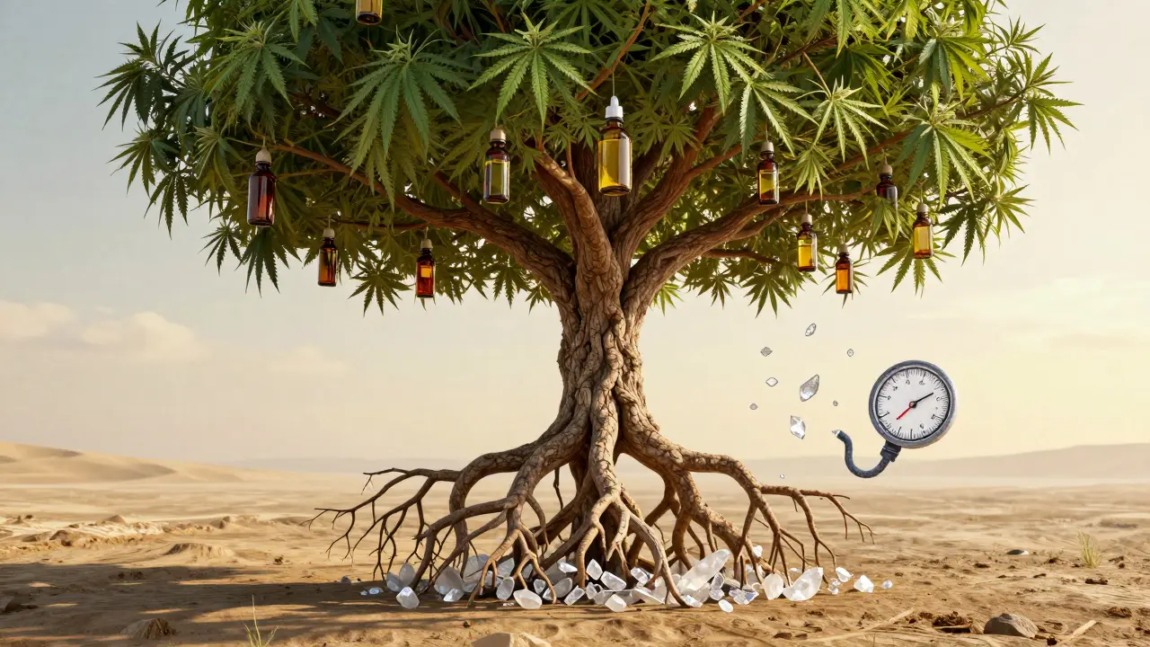 Strom s kořeny jako cévy, na větvích CBD lahvičky, krystaly padají do tvaru varovného signálu krevního tlaku.