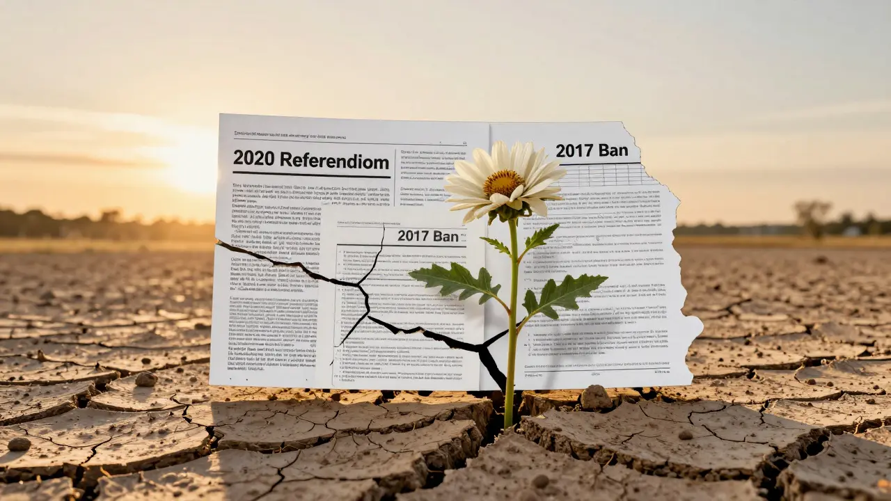 Symbolic image of South Dakota with cracked laws and a single CBD flower growing through.