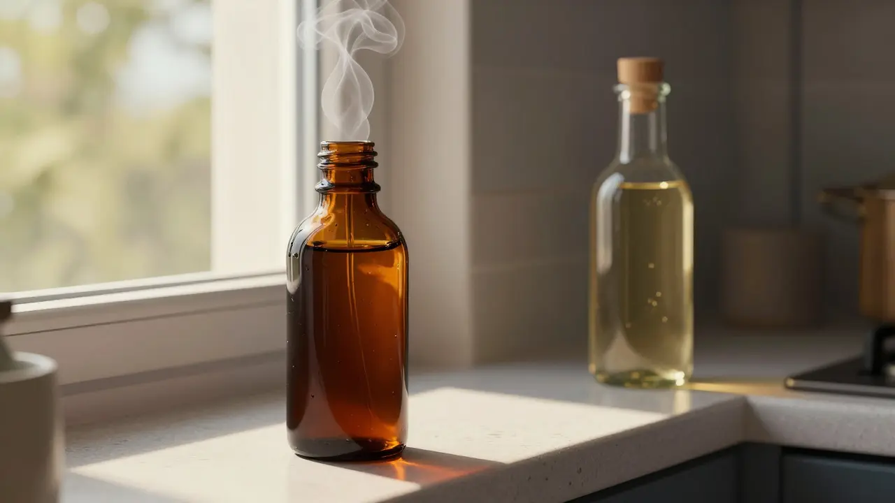 Tinktura vystavená slunci na okně, kde se mění barva kapaliny