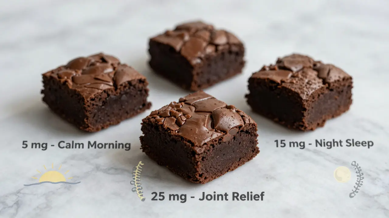 Tři CBD koláčky s symbolickými označeními pro klid, spánek a úlevu od bolesti.