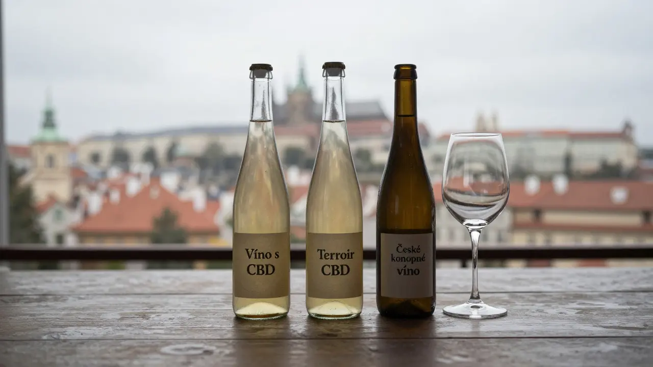 Tři lahve českého konopného vína na dřevěné ploše s jednou naplněnou skleničkou.