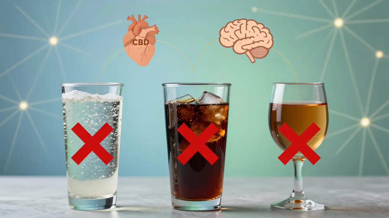 Tři nápoje vedle sebe: Deep Space, káva a alkohol — zlatá linka spojuje CBD s mozkem a srdcem.