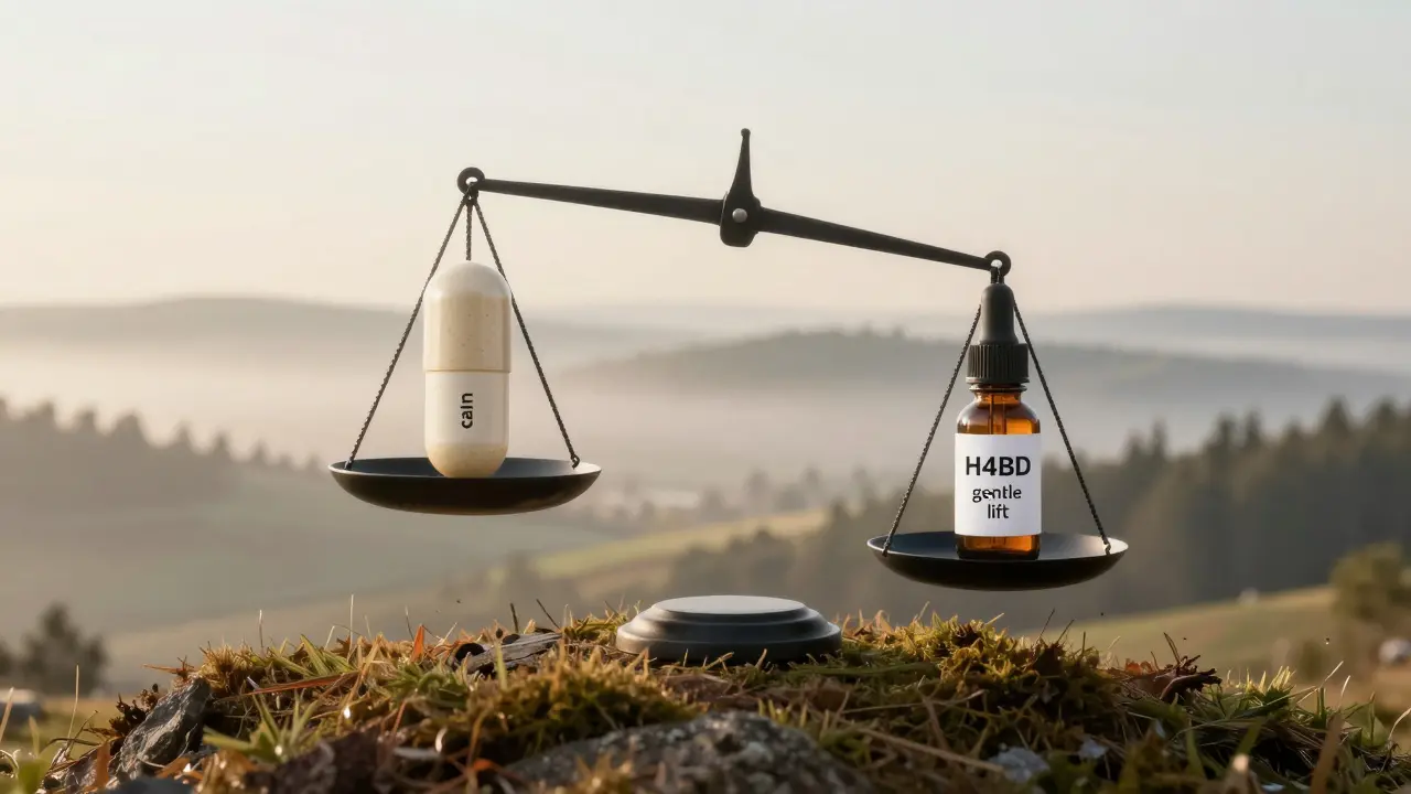 Váha s CBD a H4CBD symbolizuje rozdíl v účinku, pozadí česká krajina.