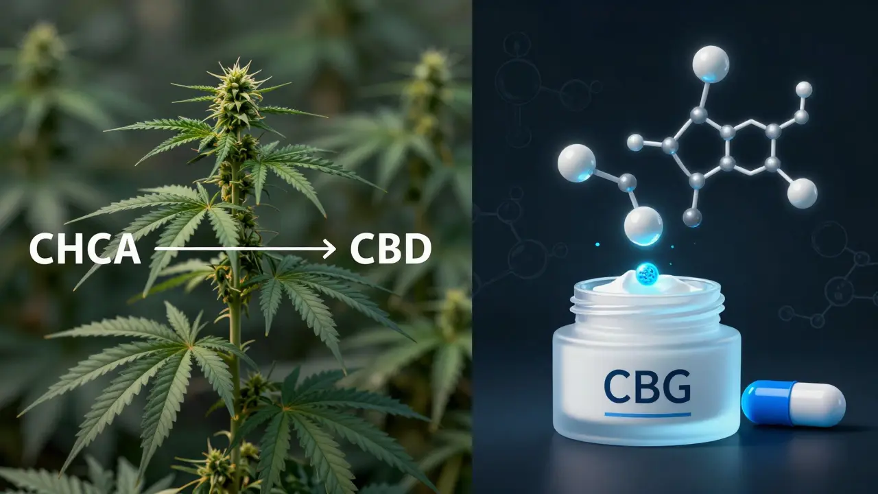 Vědecká ilustrace rozděleného procesu: CBGA se mění na THC/CBD vlevo, CBG podporuje regeneraci pokožky vpravo.