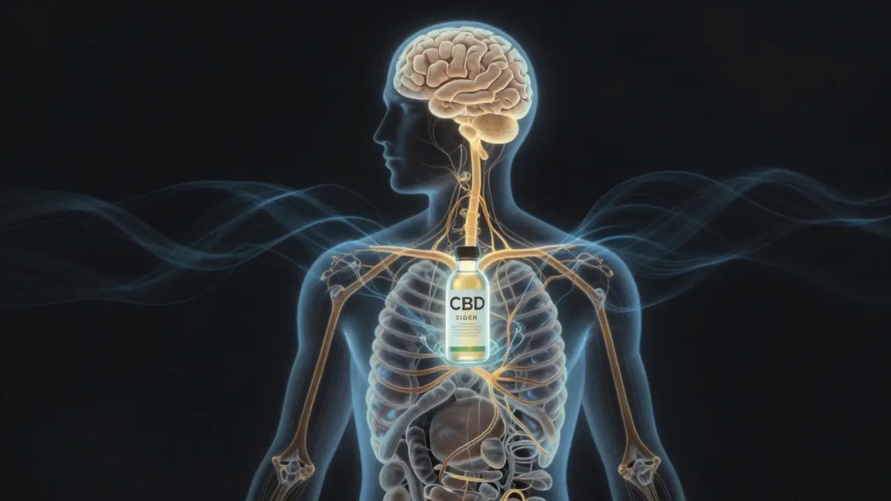 Vnitřní systém těla je vyobrazen jako světelná síť vyrovnávaná CBD nápojem.