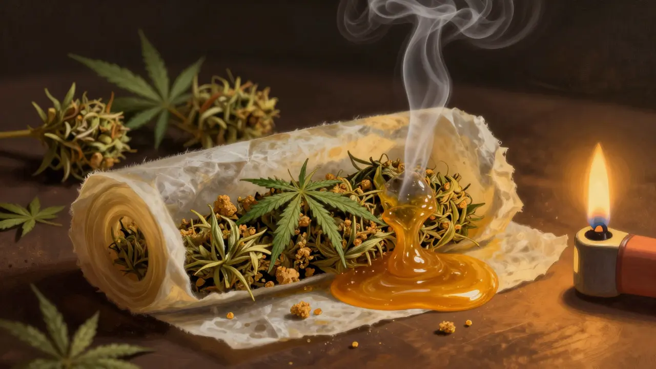 Zabalovaný blunt s míseným crumble a konopím, s jemným kouřem se vznášejícím nahoru.