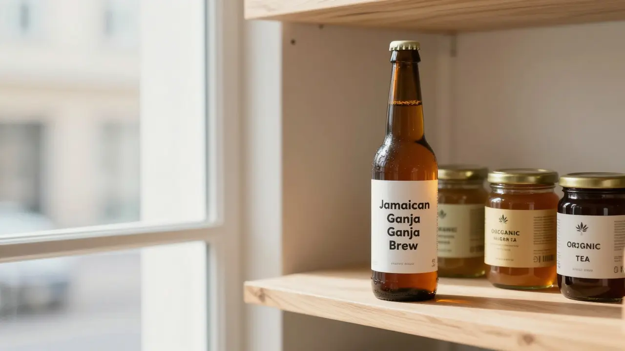 Bottle jamaického ganja piva na polici v německém obchodě s potravinami.