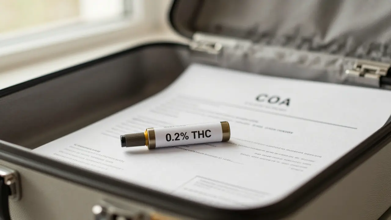 CBD kartridž vedle certifikátu analýzy v uzavřeném kufru, světlo z okna osvětluje etiketu s 0,2 % THC.