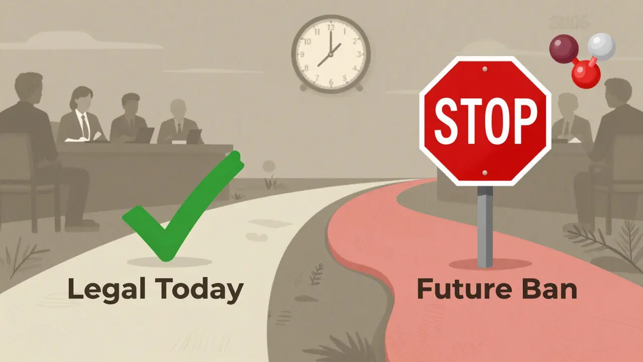 Cesta rozdělená na legální budoucnost a možný zákaz HHC s hodinami ukazujícími rok 2026.