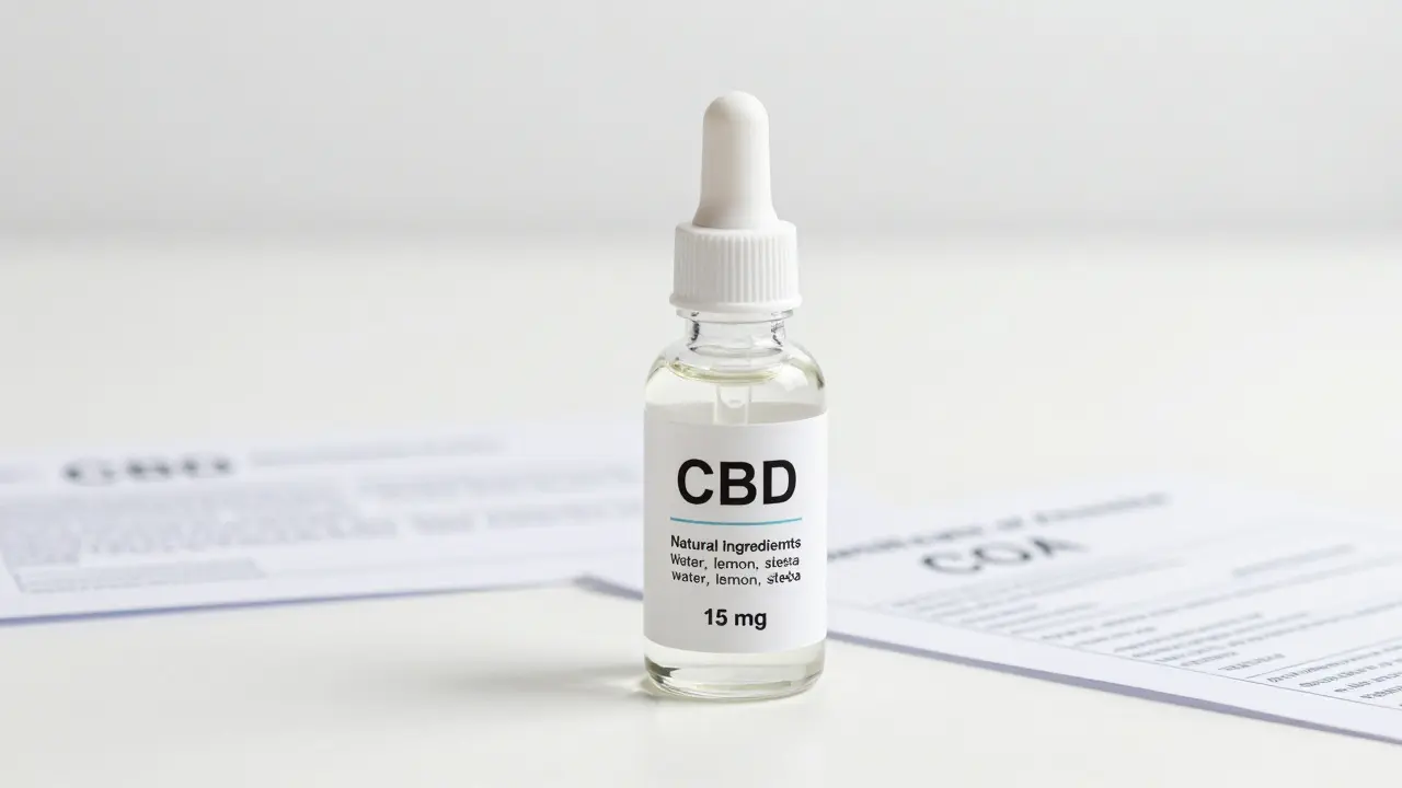 Čistá láhev CBD nápoje s jasně uvedeným obsahem CBD a certifikátem čistoty.