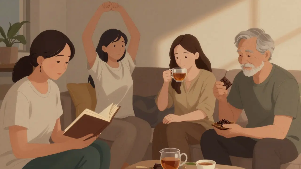 Čtyři lidé klidně odpočívají v pohodlném bytě, kteří si užívají klid večera.