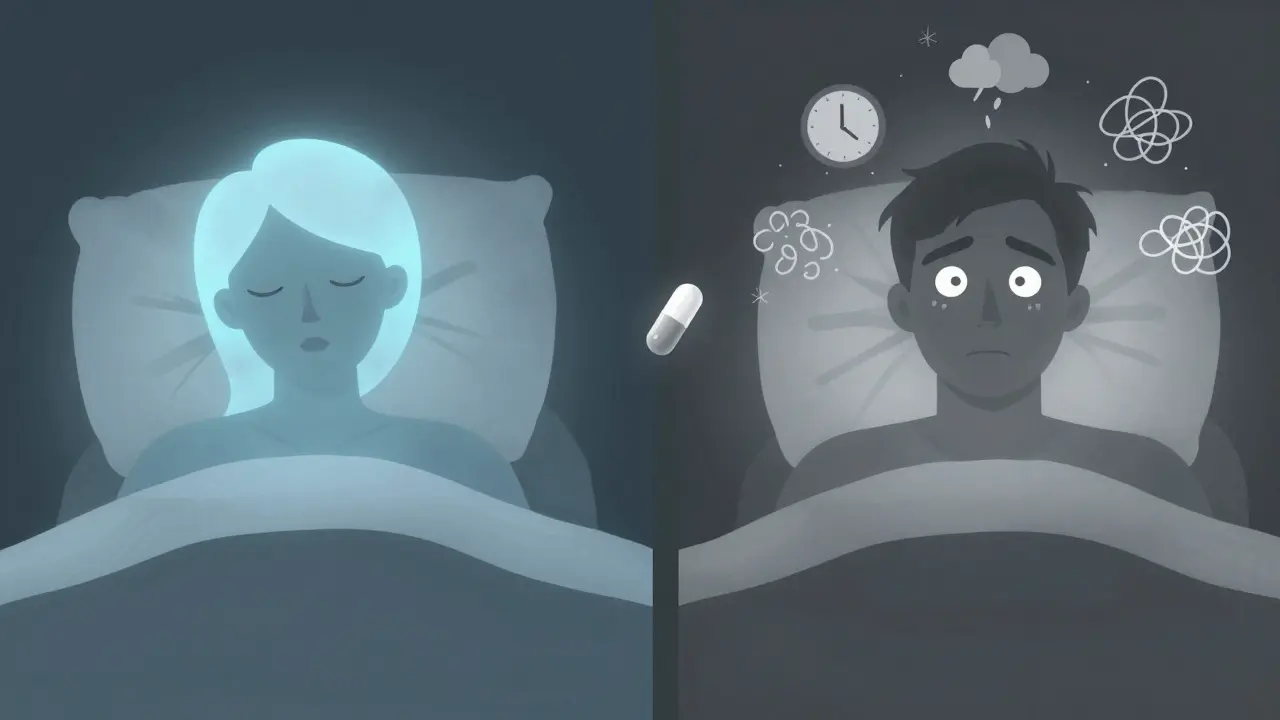 Dva kontrastní siluety: jedna klidně spí, druhá se vzbudila — symbolizující různé účinky CBD na spánek.