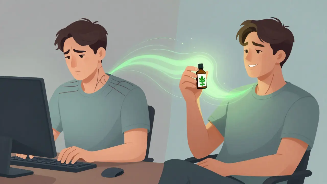 Dvě části obrázku: napětí u počítače a klid s CBD nápojem – symbolické znázornění účinku.