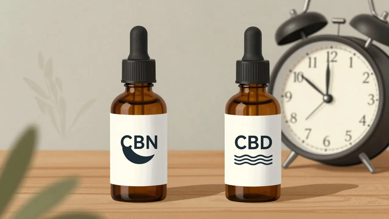 Dvě lahvičky s CBN a CBD vedle sebe s symboly spánku a klidu.