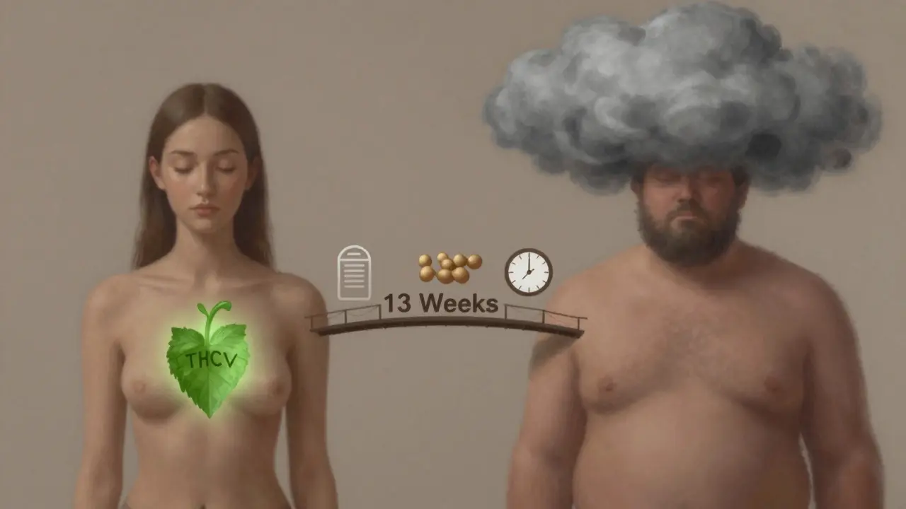 Dvojí postava: jedna strana štíhlá s listem, druhá těžší s mrakem hladu.